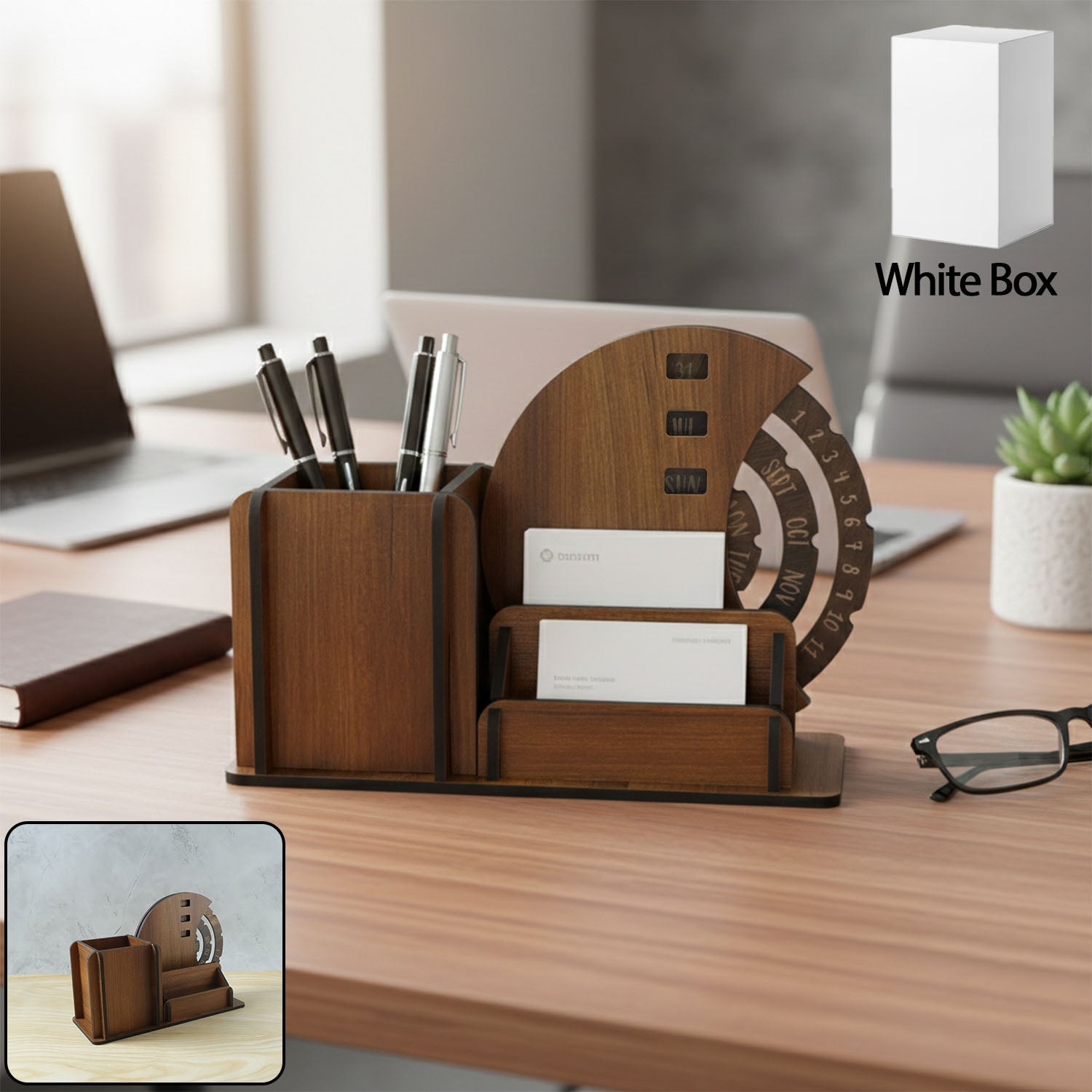 Wooden desk organizer with rotating calendar wheel on office desk