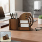 Wooden desk organizer with rotating calendar wheel on office desk