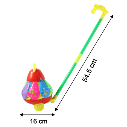 Size chart display of toddler chicken push toy dimensions