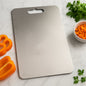 Front view of stainless steel cutting board ideal for vegetables and fruits