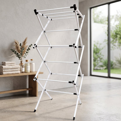 Portable laundry stand shown folded flat for easy storage