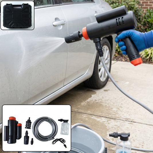 Portable cordless car washer gun kit ready for cleaning.