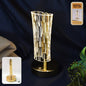 Crystal table lamp with cylindrical crystal-cut shade and golden base
