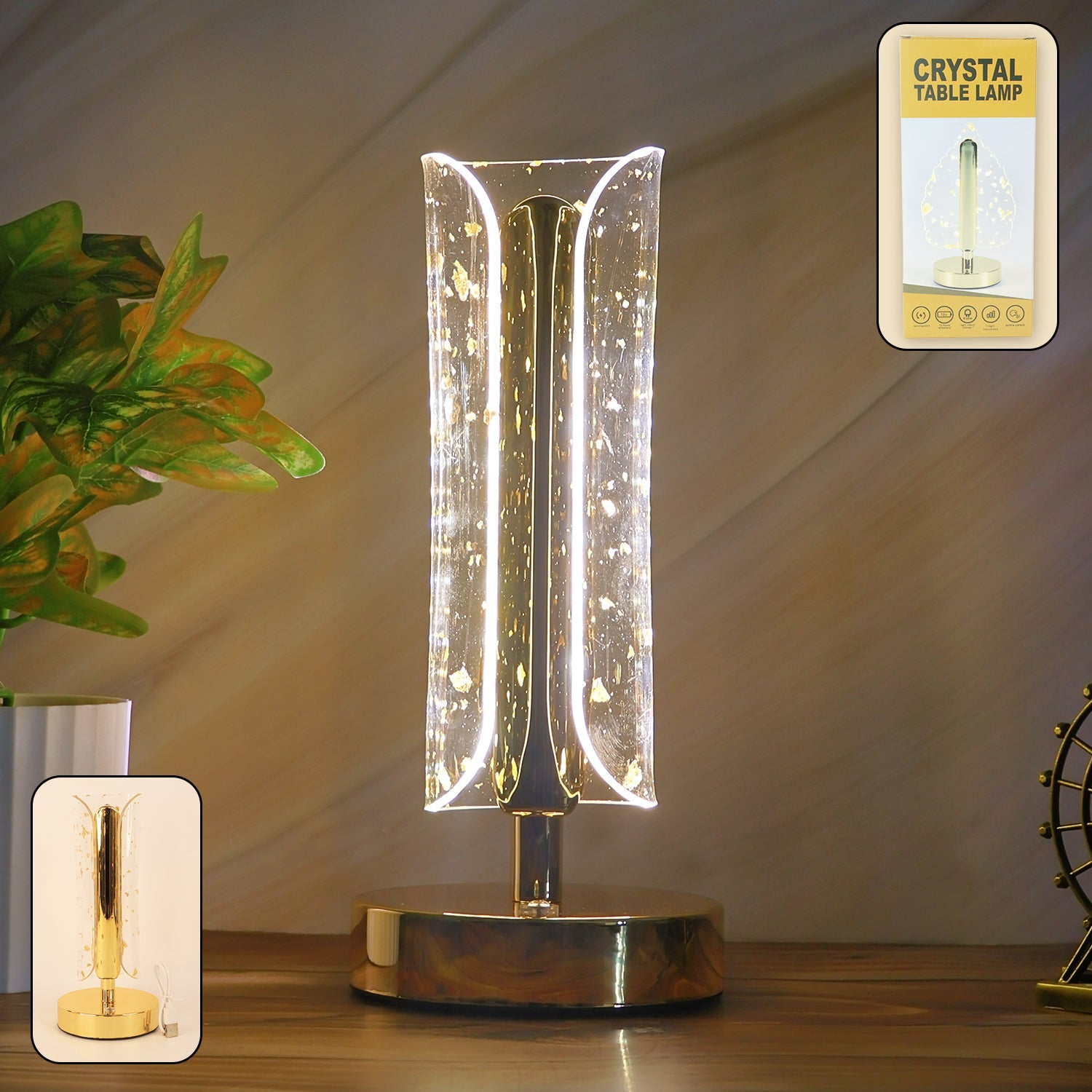 Crystal table lamp with golden base and acrylic crystal shade illuminating warm LED glow