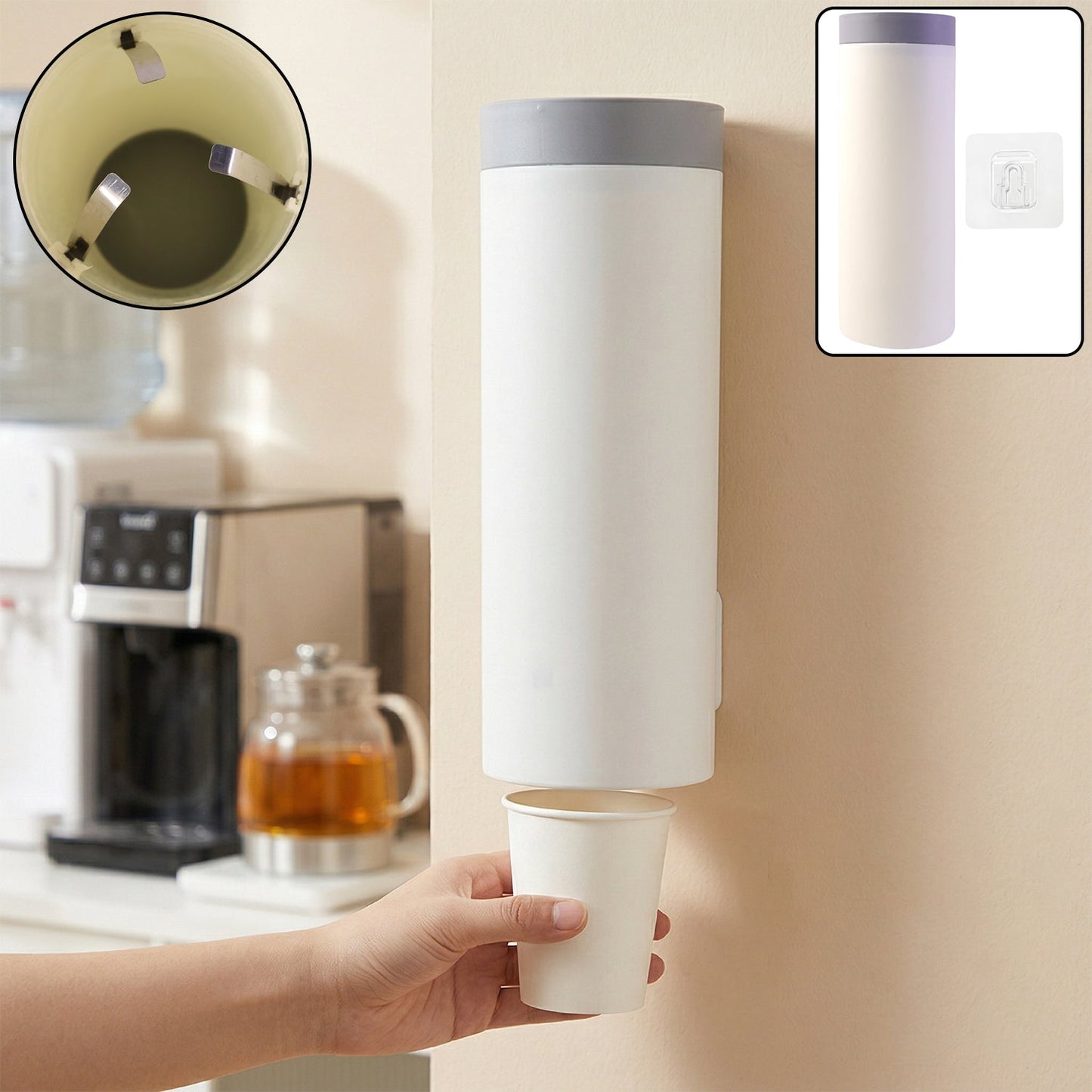 Wall mounted cup holder storage dispenser in office