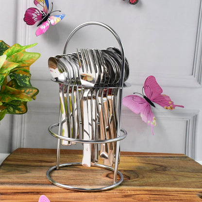 Side view showing polished stainless steel forks and spoons