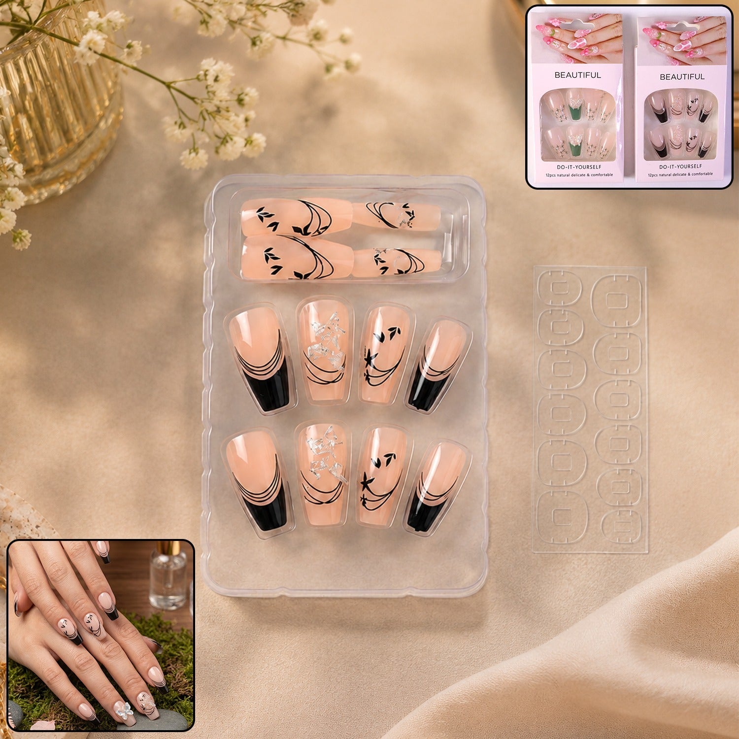 Burgundy artificial press-on nails set with white floral design, 12 reusable pieces