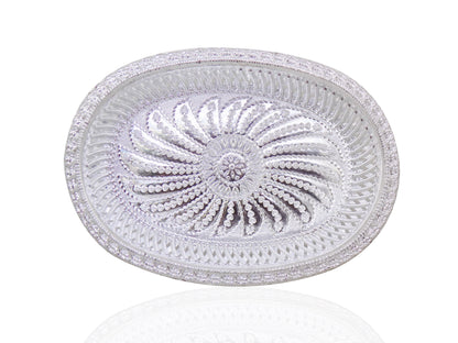 Top-down view of the oval silver serving tray, ideal for festive spreads.