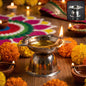 Small sunflower design stainless steel diya stand for pooja and worship