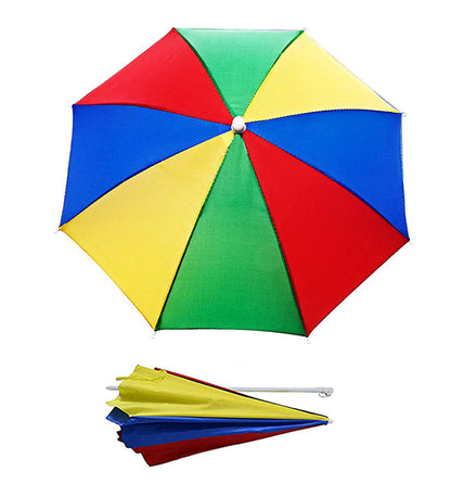 A colorful DrizzlePro umbrella is shown open from above, with a folded version of the umbrella below it on a white