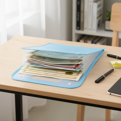 Angled view of 13 pocket document file folder in plastic