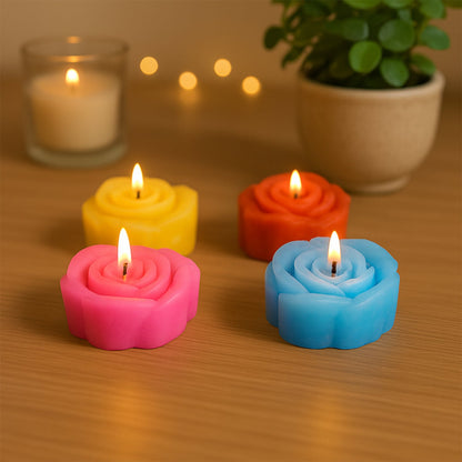Wax candle set featuring six elegant rose designed candles in red and yellow hues