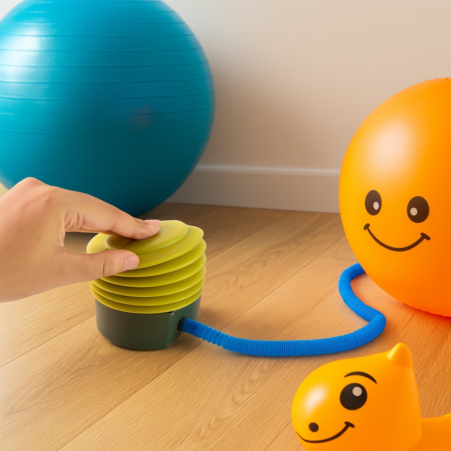Person demonstrating how to use the portable foot air pump.