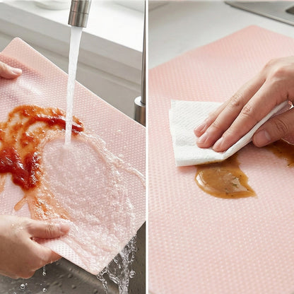 Versatile transparent kitchen shelf liner sheets used as fridge shelf liners