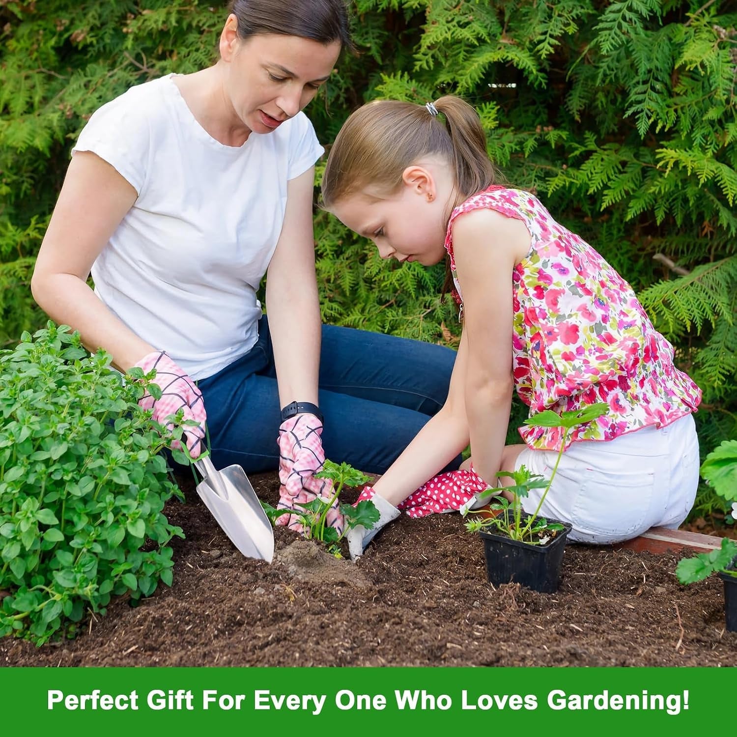 Garden hand trowel stored hanging by its hole, ready for gardening