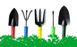 A complete 5-piece gardening hand tools set laid out with a hand cultivator, two trowels, a garden fork, and a hand weeder.