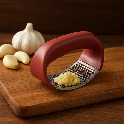 Garlic press in use crushing garlic cloves efficiently