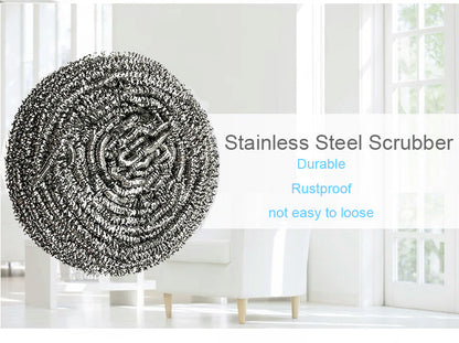 Pack of six round stainless steel scrubbers for versatile kitchen use.