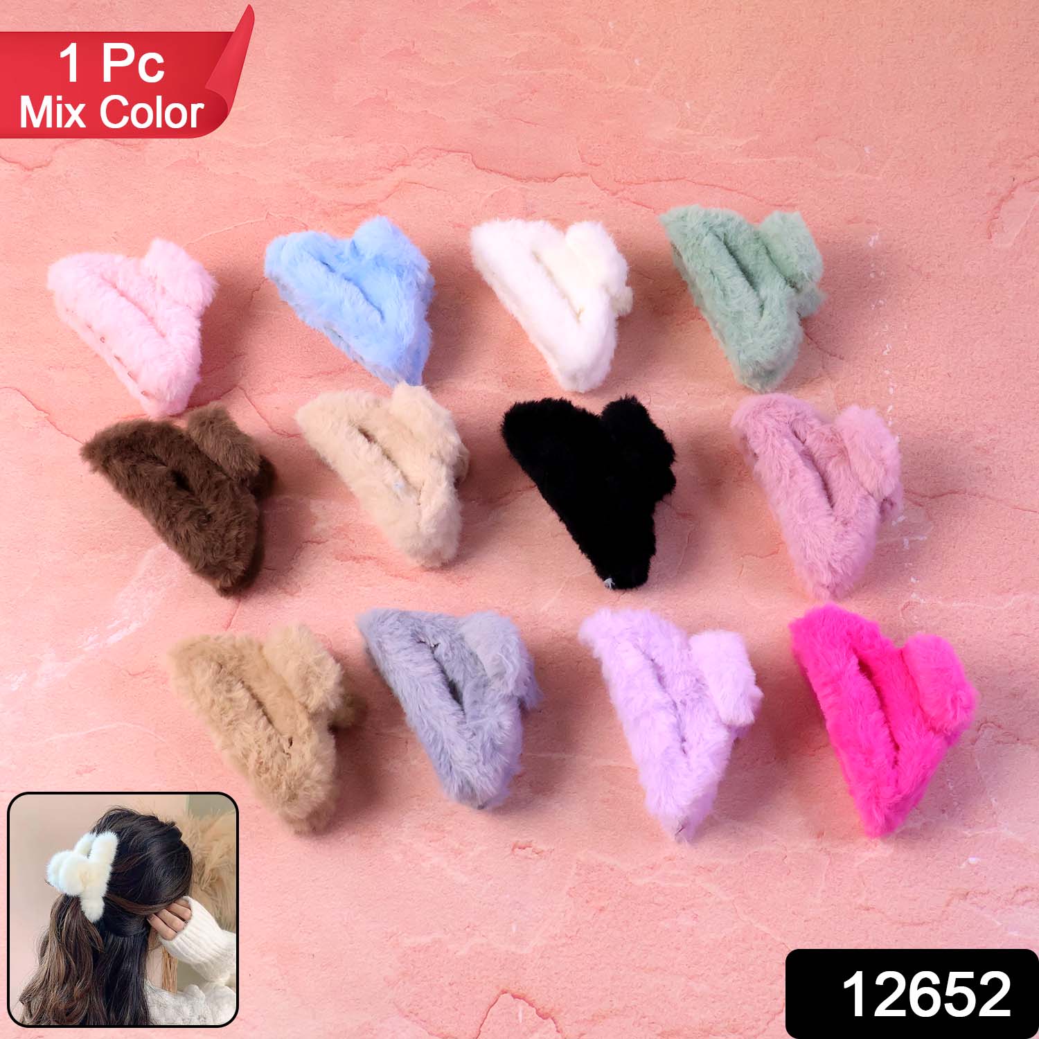 Single large faux fur hair claw clip in assorted colors ideal for stylish women and girls.