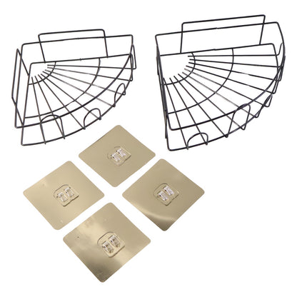 Multifunctional iron shower caddy corner used for organizing toiletries and decorative items.