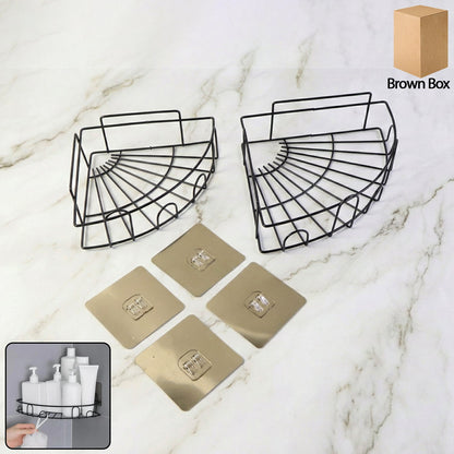 Two-piece iron shower caddy corner in a modern bathroom setting, showcasing ample storage.