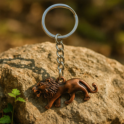 Overhead view of walking lion metal keyholder highlighting craftsmanship