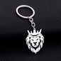 Durable stainless steel lion head keychain with crown design on a white background