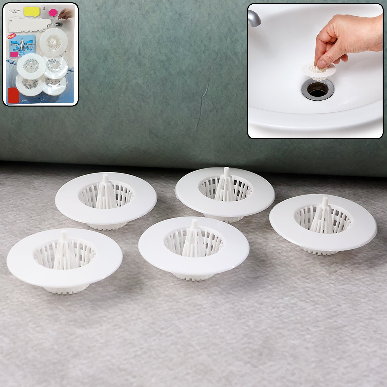 White plastic sink drain hair catcher filter capturing debris