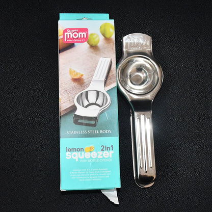 Stainless steel lemon squeezer combined with integrated bottle opener