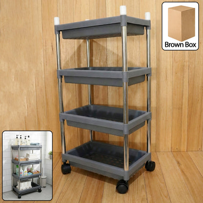 4-layer rolling storage cart with durable plastic trays and smooth-gliding wheels.