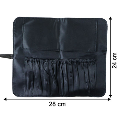 Size comparison image showing foldable makeup brush organizer bag dimensions
