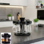Revolving plastic spice rack with 8 transparent jars for organized kitchen storage