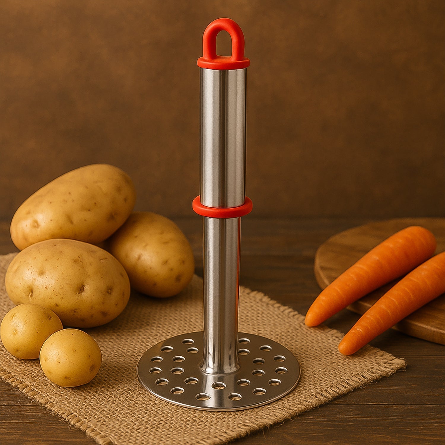 Stainless steel potato masher placed beside freshly mashed potatoes