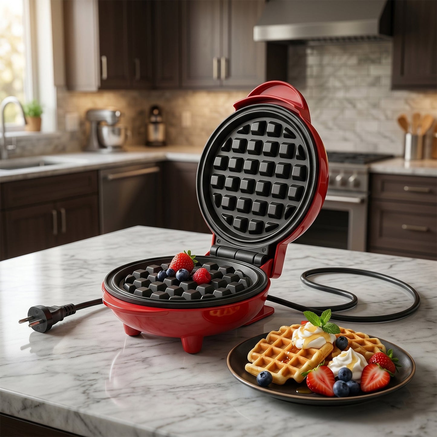 A Chef's Embrace Mini Waffle Maker preparing snacks on a kitchen counter.