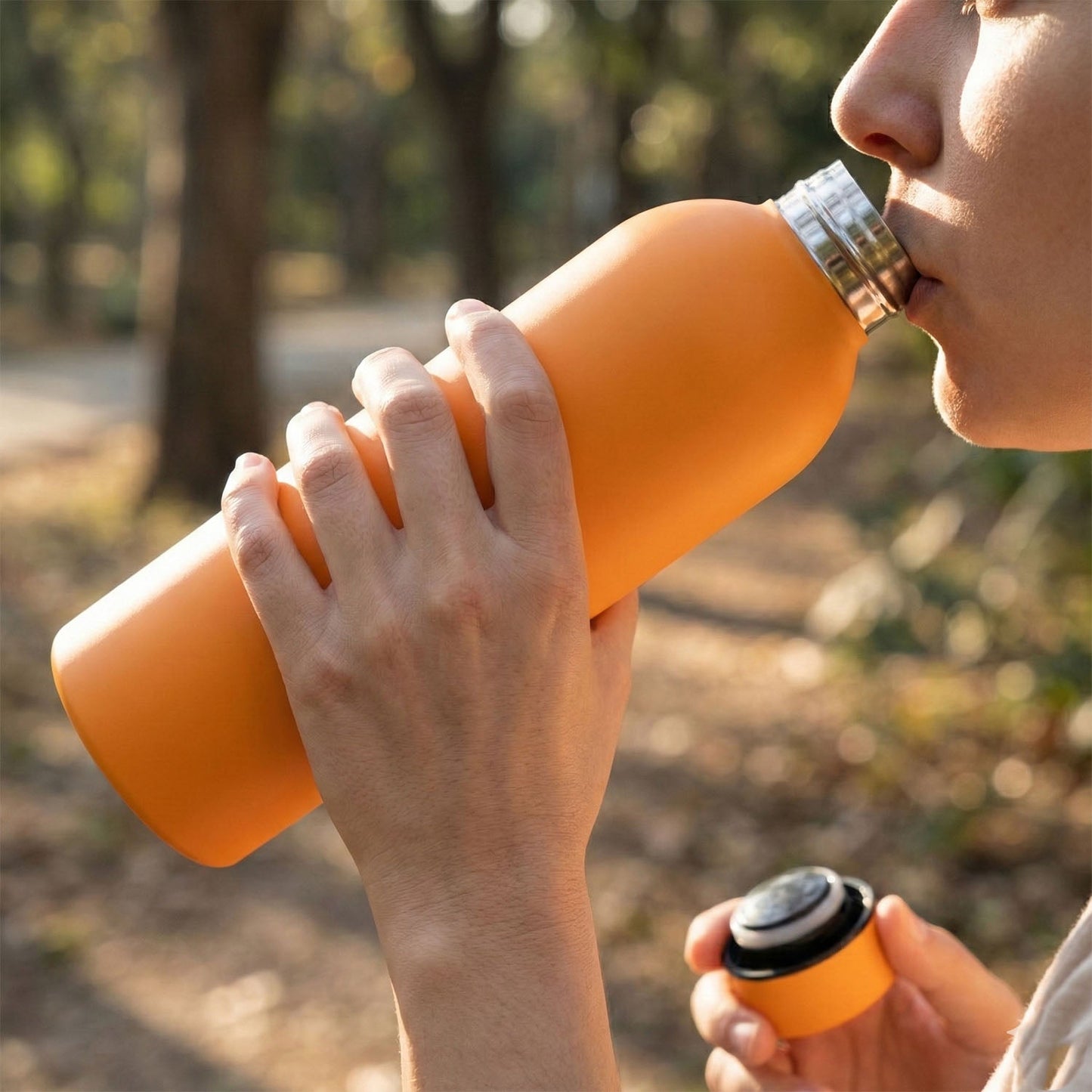 Orange insulated hydration water bottle made of stainless steel