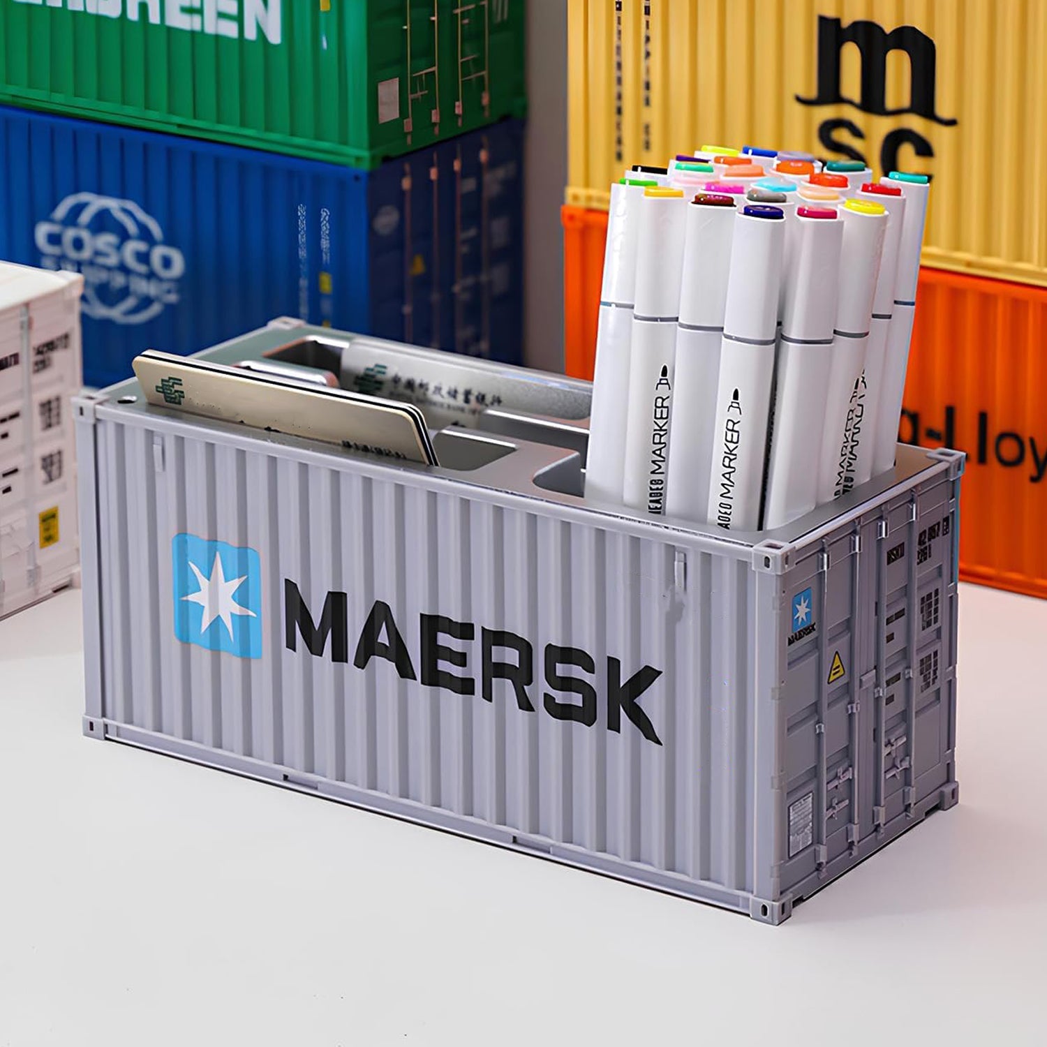 Multi-section container desk organizer with compartments for pens and accessories