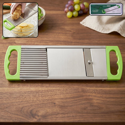 A 2-in-1 potato slicer and cutter displayed on a white background, highlighting its dual functionality.