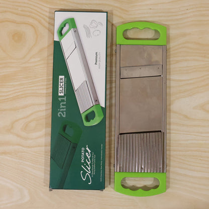 The potato slicer positioned on a kitchen counter, ready for meal preparation.