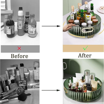 Rotating storage rack on a kitchen counter with spices and condiments.