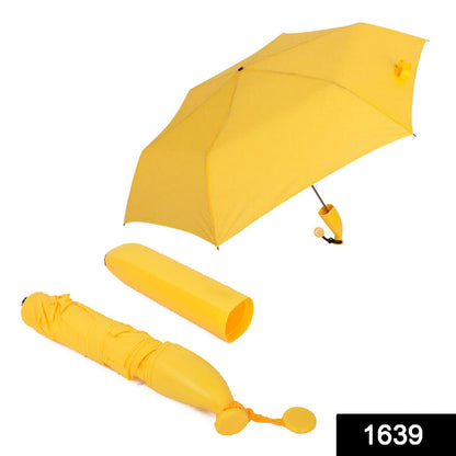 A bright yellow DrizzlePro umbrella is shown open, alongside its banana-shaped case and the folded umbrella.