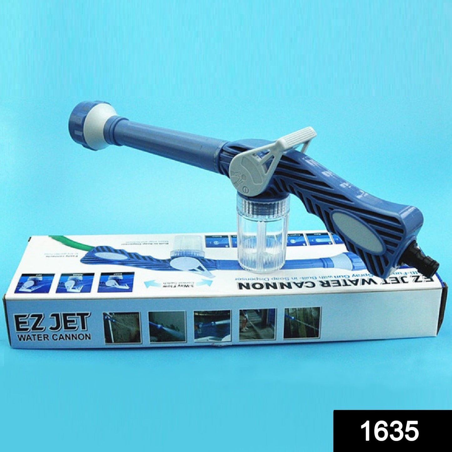 An 8-in-1 turbo water spray gun with soap dispenser for versatile cleaning.
