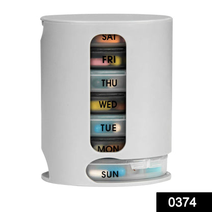 The 7-day pill organizer disassembled, showing individual daily tablet dispenser trays.