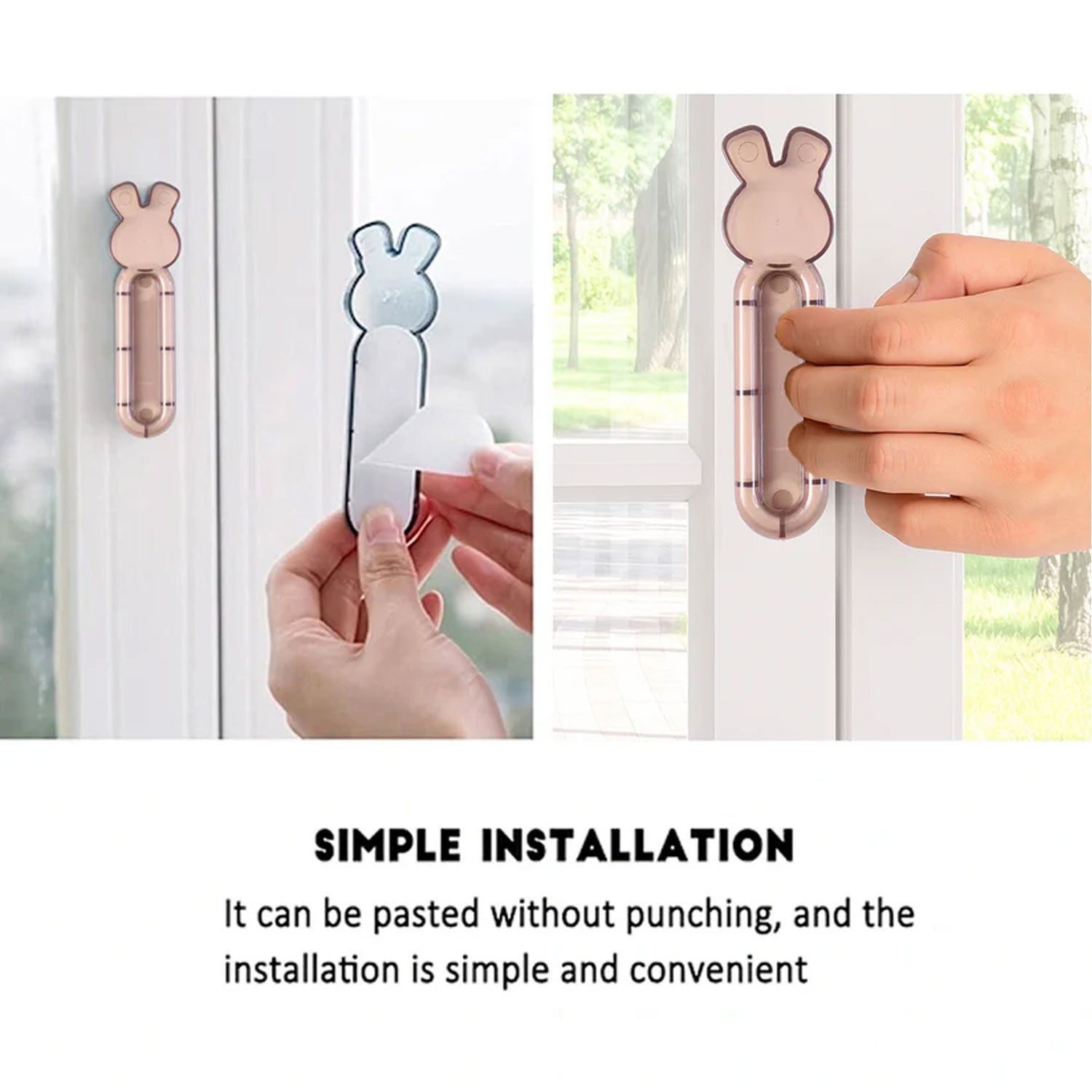 Self stick handle demonstrating ergonomic grip on cabinet door
