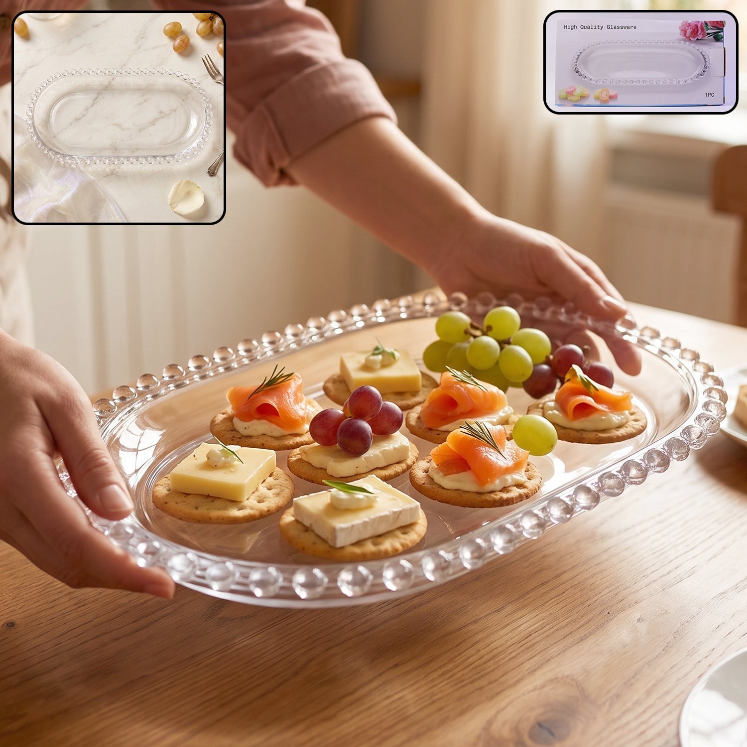 Transparent glass serving tray, 9 inch oval beaded edge platter for snacks (1 pc)