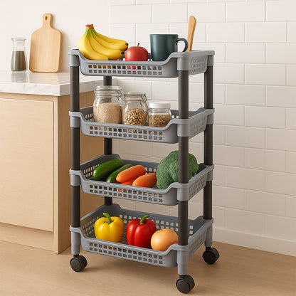 Angled view of Apex 4-layer plastic storage rack showing basket ventilation