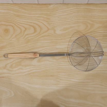 Cooking strainer utensil with long wooden handle for efficient frying