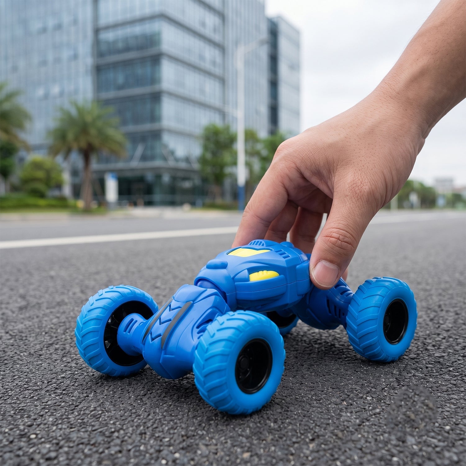 Friction powered off road toy car that performs stunts