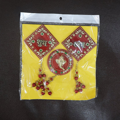 Colorful 3-piece Shubh Labh Ganesh wall hanging set for spiritual decor