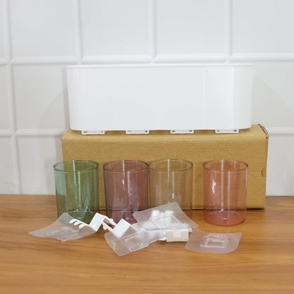 Plastic wall toothbrush rack with four inverted cups and grooming accessory slots