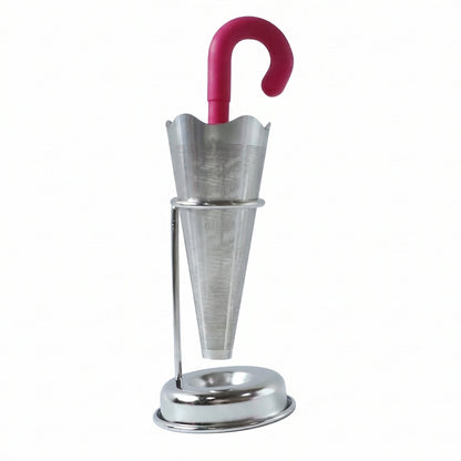 Stainless steel umbrella tea infuser resting securely on its dedicated drip tray stand, preventing spills.